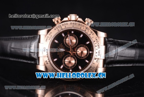 Rolex Cosmograph Daytona Clone Rolex 4130 Automatic Rose Gold Case with Black Dial Stick Markers and Brown Leather Strap (BP) - Click Image to Close